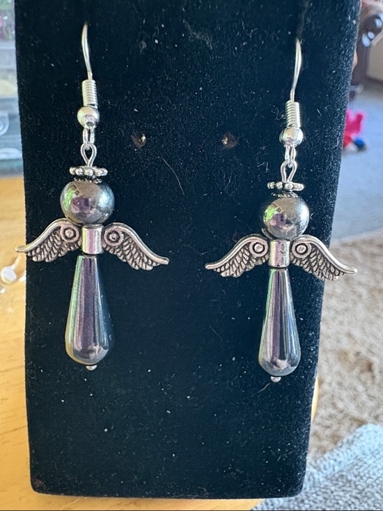 Hand Crafted Jewelry - Hand Crafted Hematite Angel Wing Drop Earrings